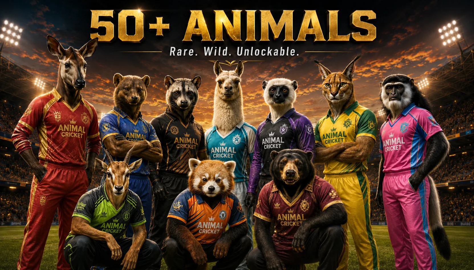 A large roster of animals dressed in colorful cricket kits