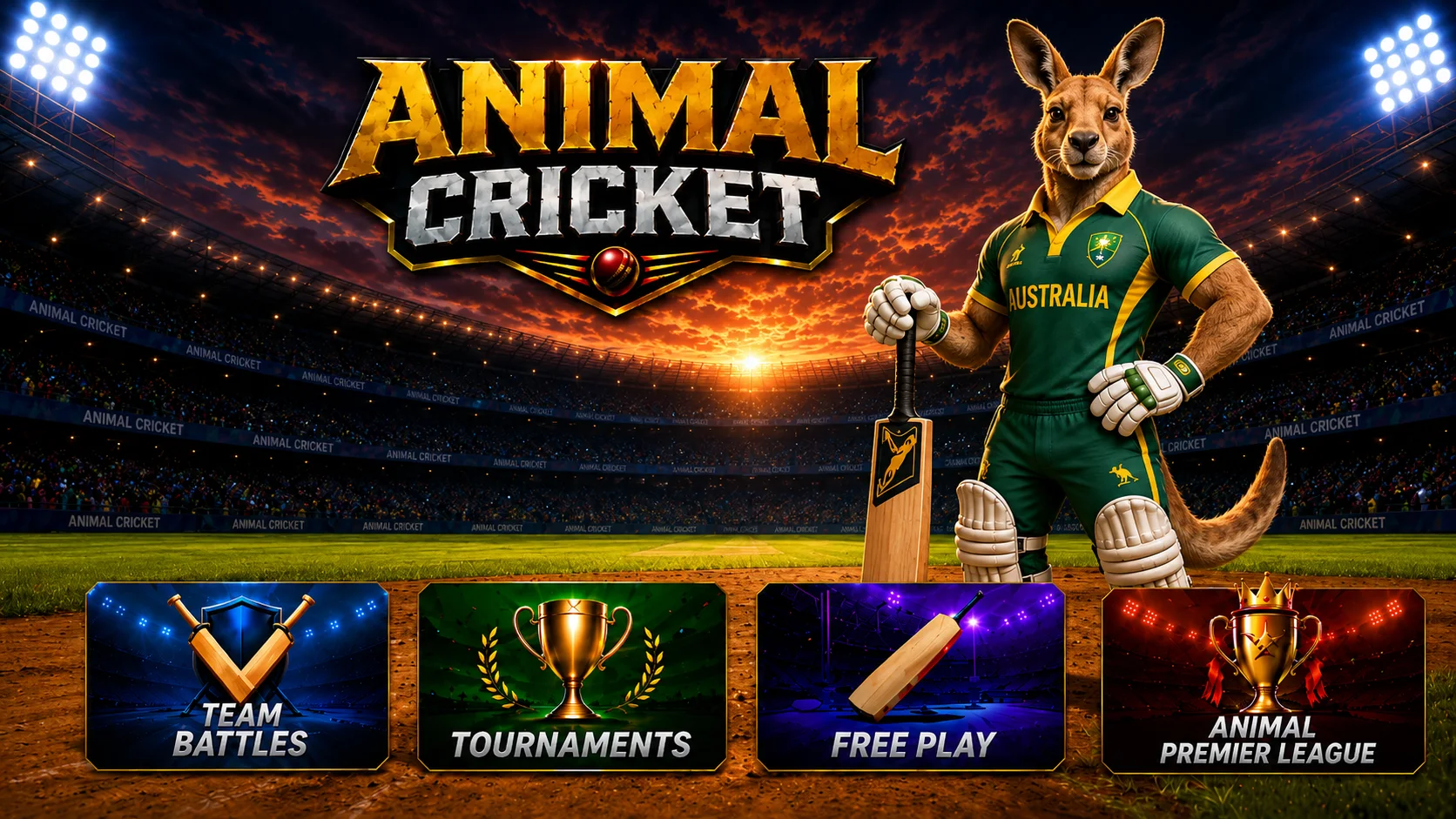 Animal Cricket game modes including team battles, tournaments, free play, and Premier League