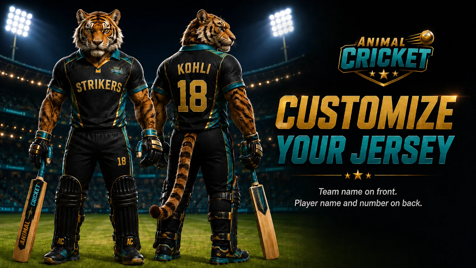 Dressed tiger showing a custom Animal Cricket jersey