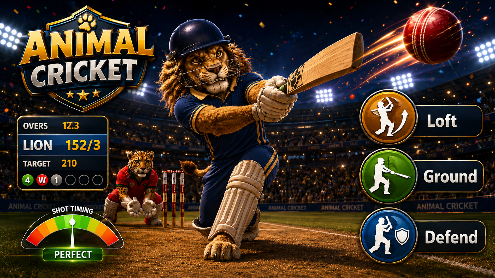 Dressed lion batter playing an Animal Cricket shot