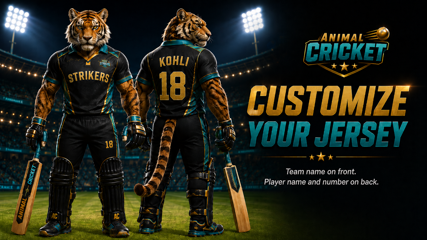 Dressed tiger showing a custom Animal Cricket jersey